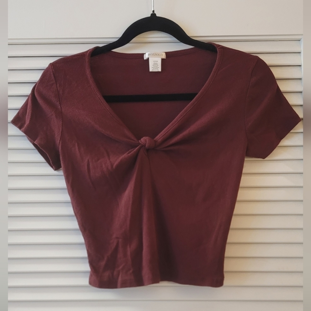 Bozzolo - Burgundy Short-Sleeve Crop Top With Knot Detail